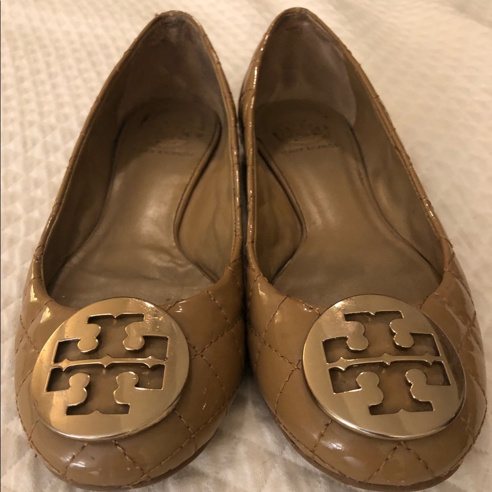 Tory Burch Tan Quilted Patent Leather Flat